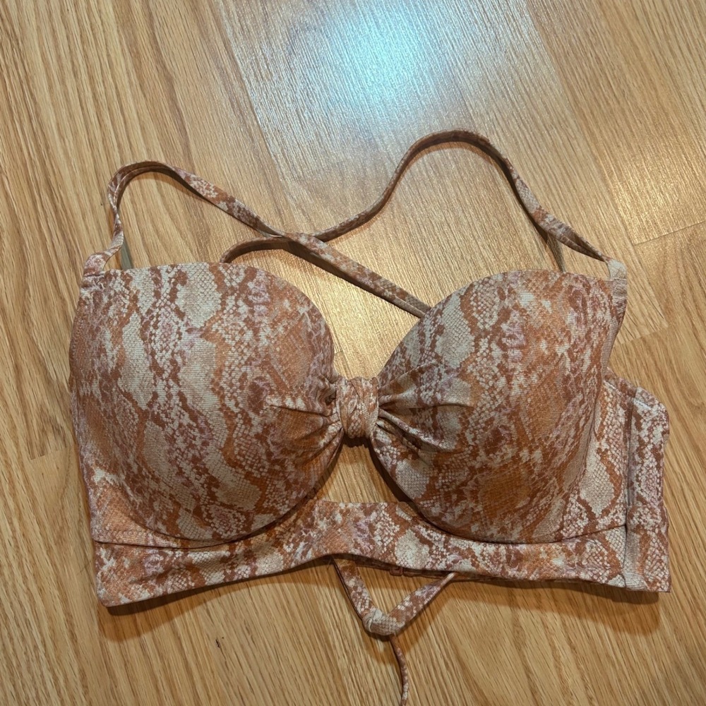 Tan Snakeskin Print Underwire Bikini Top with Knot‎ Detail and Adjustable Straps